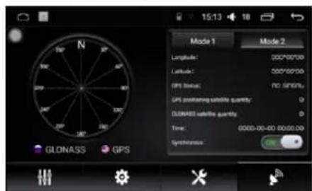 15:13 10 Mode 1 Mode 2 Longitude: 000°00'00" Latitude: 000°00'00" GPS Status: NO SINGN GPS positioning satellite quantity: 0 GLENASS satellite quantity: 0 Time: 0000-00-00 00:00:00 Synchrony: GLONASS GPS