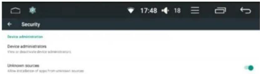 17:48 18 Security Device administration Device administrators View or deactivate device administrators Unknown sources Allow installation of apps from unknown sources
