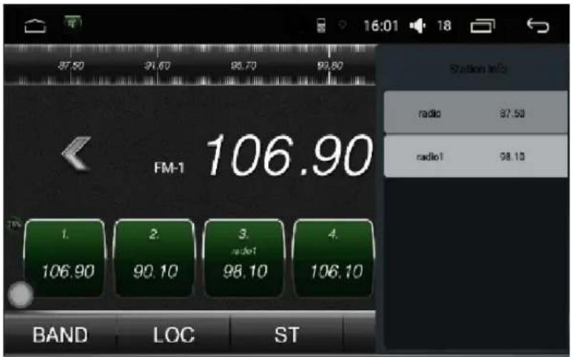 FM-1 106.90 1. 106.90 2. 90.10 3. radio1 98.10 4. 106.10 BAND LOC ST Station info radio 87.50 radio1 98.10