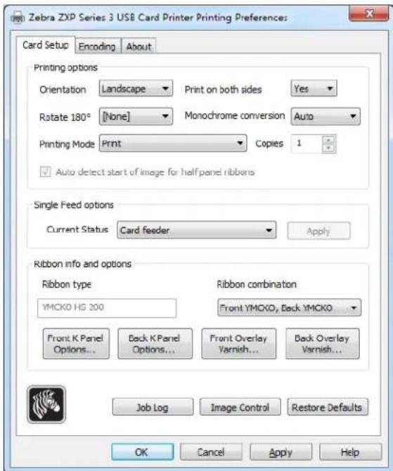 Zebra ZXP Series 3 USB Card Printer Printing Preferences Card Setup Encoding About Printing options Orientation Landscape Print on both sides Yes Rotate 180° [None] Monochrome conversion Auto Printing Mode Print Copies 1 ✓ Auto detect start of image for half panel ribbons Single Feed options Current Status Card feeder Apply Ribbon info and options Ribbon type Ribbon combination YMCKO HG 200 Front YMCKO, Back YMCKO Front K Panel Options... Back K Panel Options... Front Overlay Varnish... Back Overlay Varnish... Job Log XiImage Control Restore Defaults OK Cancel Apply Help