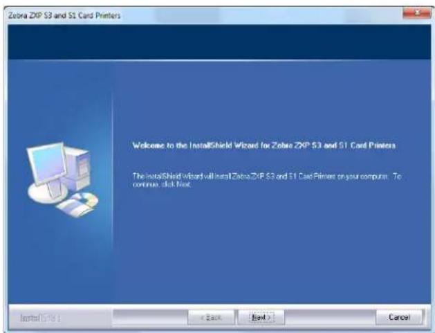 Zebra ZXP S3 and S1 Card Printers Welcome to the InstallShield Wizard for Zebra ZXP S3 and S1 Card Printers The InstallShield Wizard will install Zebra ZXP S3 and S1 Card Printers on your computer. To continue, click Next. Install(S) 5: < Back Next > Cancel