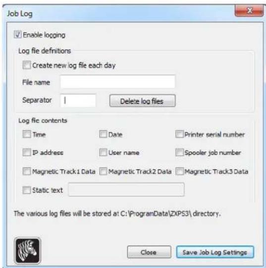 Job Log Enable logging Log file definitions Create new log file each day File name Separator 1 Delete log files Log file contents Time Date Printer serial number IP address User name Spooler job number Magnetic Track1 Data Magnetic Track2 Data Magnetic Track3 Data Static text The various log files will be stored at C:\ProgramData\ZXPS3\ directory. Close Save Job Log Settings