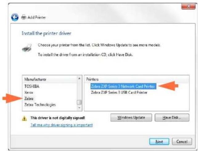 Add Printer Install the printer driver Choose your printer from the list. Click Windows Update to see more models. To install the driver from an installation CD, click Have Disk. Manufacturer TOSHIBA Xerox Zebra Zebra Technologies Printers Zebra ZXP Series 3 Network Card Printer Zebra ZXP Series 3 USB Card Printer This driver is not digitally signed! Tell me why driver signing is important Windows Update Have Disk... Next Cancel