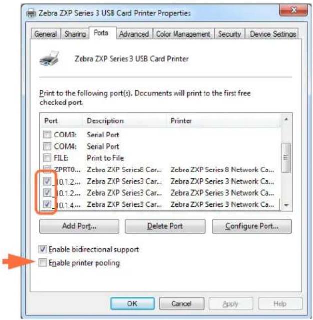 Zebra ZXP Series 3 USB Card Printer Properties General Sharing Ports Advanced Color Management Security Device Settings Zebra ZXP Series 3 USB Card Printer Print to the following port(s). Documents will print to the first free checked port. Port Description Printer COM3: Serial Port COM4: Serial Port FILE: Print to File ZPRT0... Zebra ZXP Series8 Car... Zebra ZXP Series 8 Network Ca... 10.1.2... Zebra ZXP Series3 Car... Zebra ZXP Series 3 Network Ca... 10.1.2... Zebra ZXP Series3 Car... Zebra ZXP Series 3 Network Ca... 10.1.4... Zebra ZXP Series3 Car... Zebra ZXP Series 3 Network Ca... Add Port... Delete Port Configure Port... Enable bidirectional support Enable printer pooling OK Cancel Apply Help