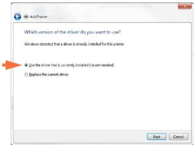 Which version of the driver do you want to use? Windows detected that a driver is already installed for this printer. ● Use the driver that is currently installed (recommended) ○ Replace the current driver Next Cancel