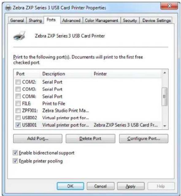 Zebra ZXP Series 3 USB Card Printer Properties General Sharing Ports Advanced Color Management Security Device Settings Zebra ZXP Series 3 USB Card Printer Print to the following port(s). Documents will print to the first free checked port. Port Description Printer COM2: Serial Port COM3: Serial Port COM4: Senal Port FILE: Print to File ZPF001: Zebra Studio Print Ma... USB002 Virtual printer port for... USB001 Virtual printer port for... Zebra ZXP Series 3 USB Card Pr... Add Port... Delete Port Configure Port... Enable bidirectional support Enable printer pooling OK Cancel Apply Help