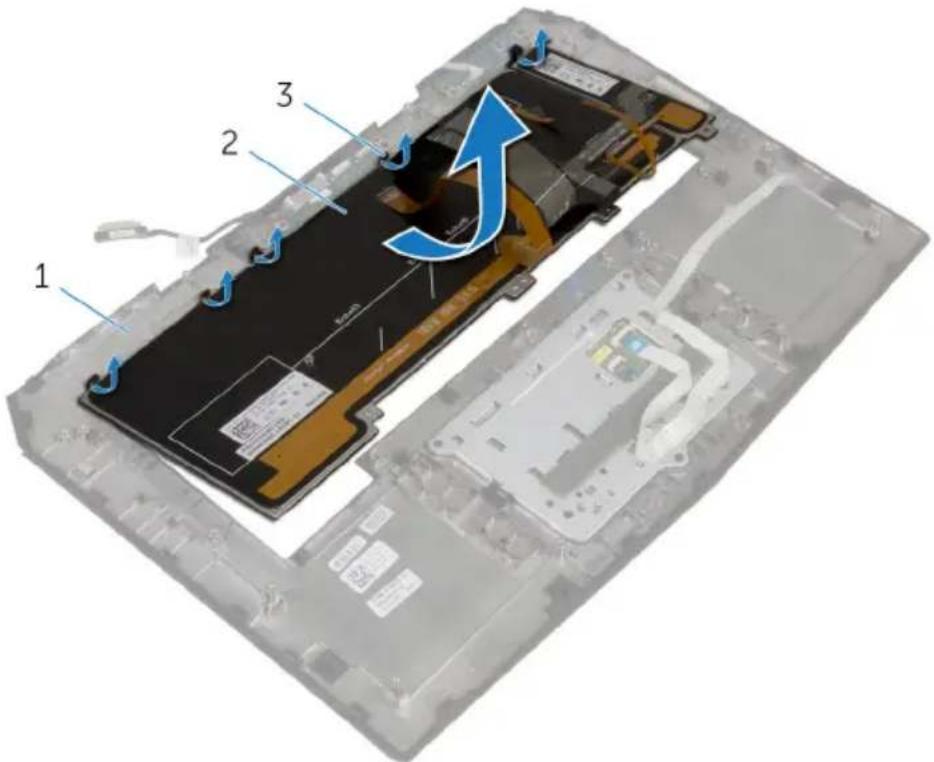 Labeled diagram of a laptop chassis showing internal components and a blue arrow indicating motion or movement.
