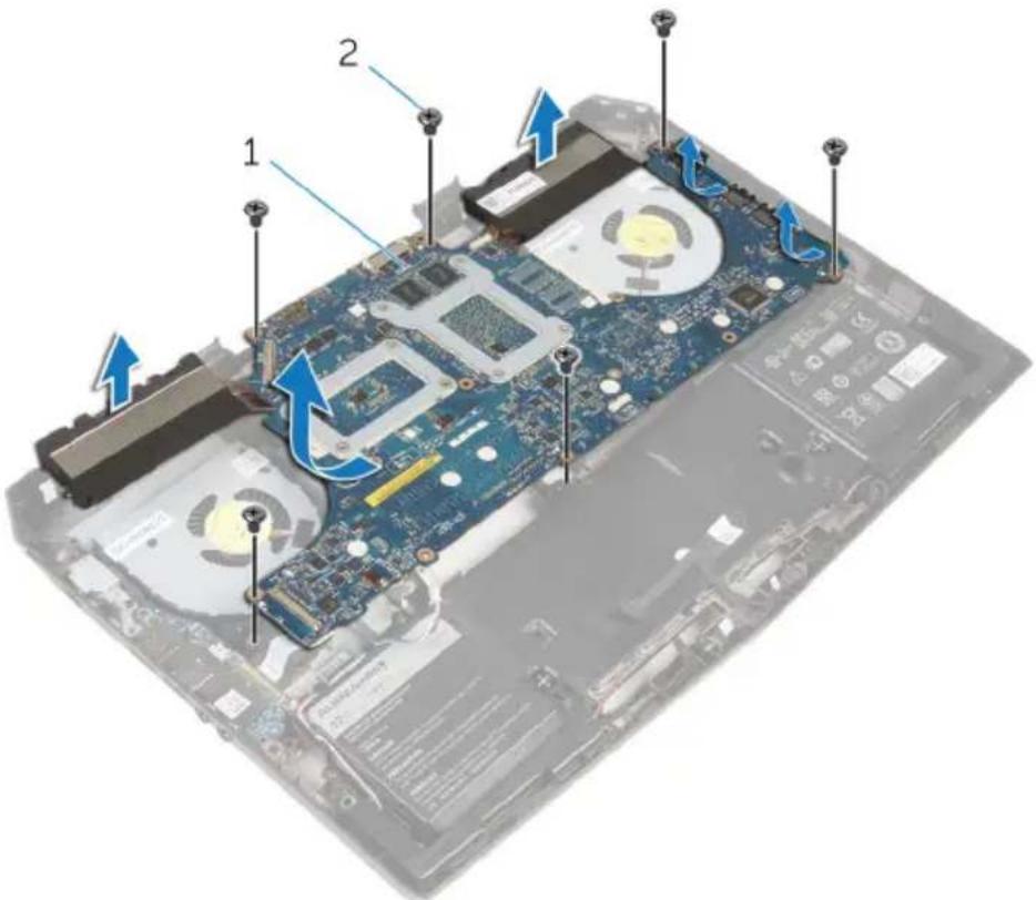 Laptop motherboard diagram with numbered components and blue arrows indicating motion or assembly