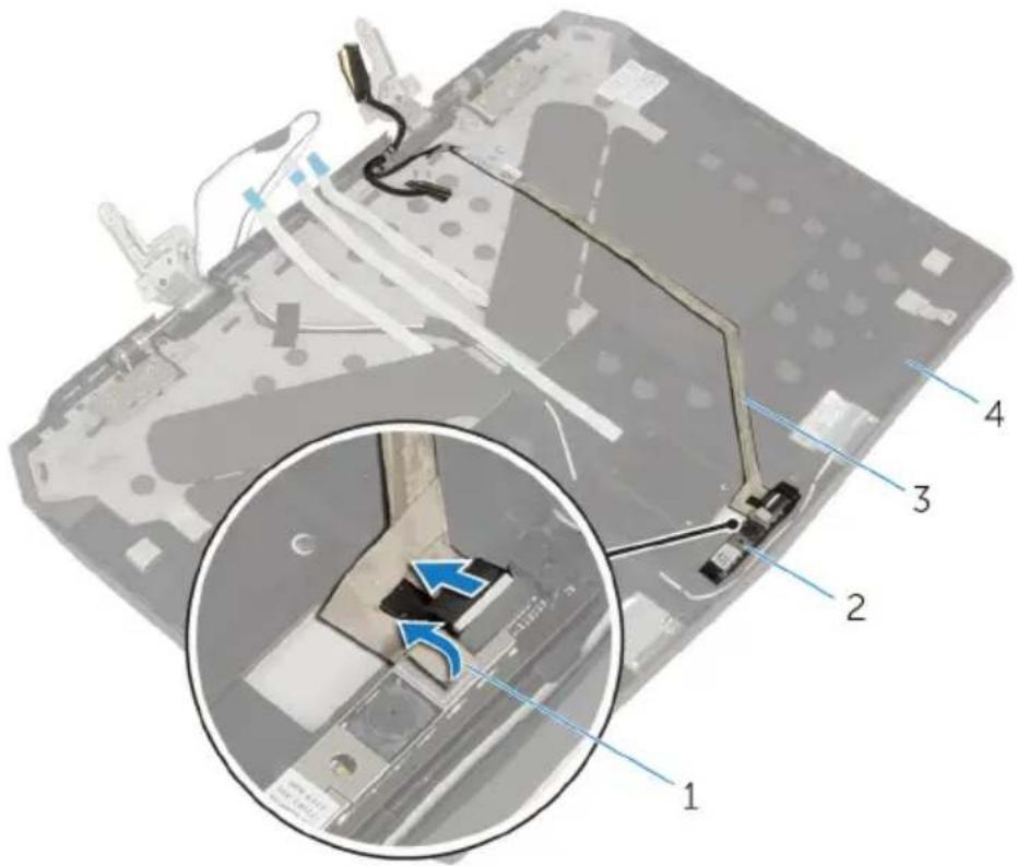 Technical diagram of a device with numbered components and an inset magnified view highlighting a component with blue arrows.