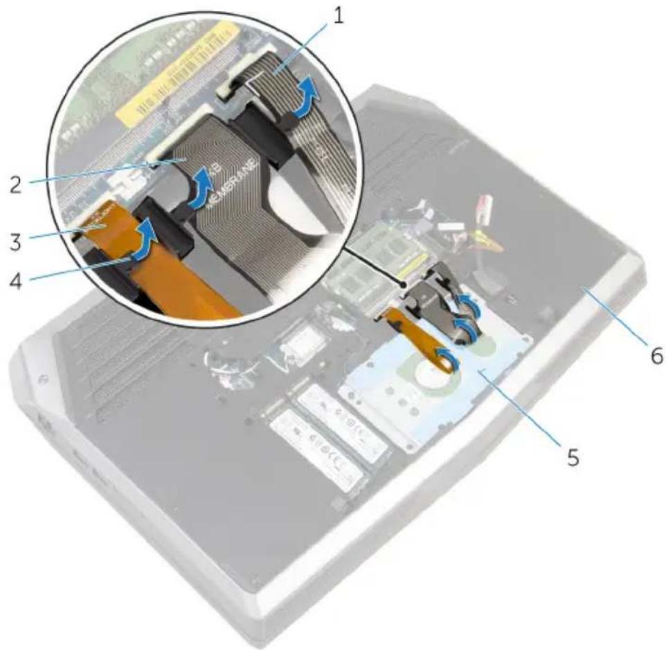 Labeled diagram of a computer motherboard showing internal components and parts, including a close-up inset with blue arrows indicating flow or movement.
