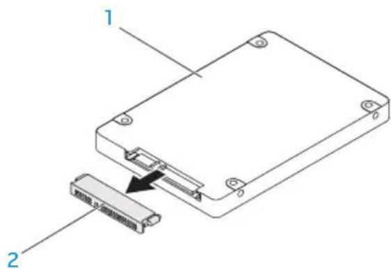 Diagram of an electronic device showing a connector with labeled parts 1 and 2, and a black arrow indicating assembly or connection.