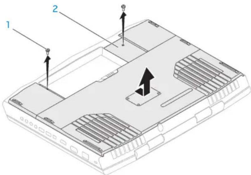 Technical diagram of a computer chassis with labeled components and directional arrows indicating movement or assembly.