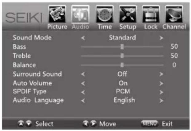 SEIKI Picture Audio Time Setup Lock Channel Sound Mode Standard Bass 50 Treble 50 Balance 0 Surround Sound Off Auto Volume On SPDIF Type PCM Audio Language English Select Move MENU Exit