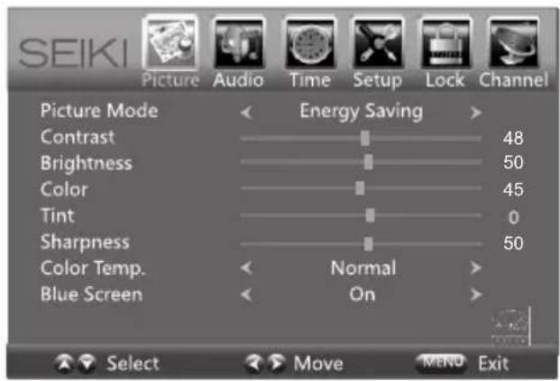 SEIKI Picture Audio Time Setup Lock Channel Picture Mode < Energy Saving > Contrast 48 Brightness 50 Color 45 Tint 0 Sharpness 50 Color Temp. < Normal > Blue Screen < On >