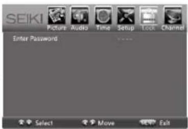 SEIKI Picture Audio Time Setup Lock Channel Enter Password ...... Select Move Exit