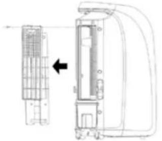 Technical line drawing of a mechanical device with internal components and a directional arrow (no text or symbols).
