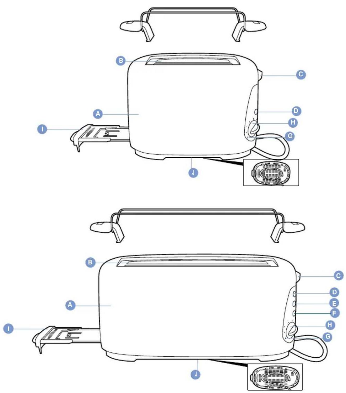 Labeled diagram of a toaster with parts marked for identification and assembly reference.