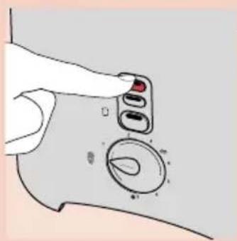 Diagram showing a hand holding a device with labeled buttons and a circular dial, likely illustrating a medical or diagnostic procedure.