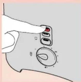 Diagram showing a hand holding a device with labeled parts and a circular dial indicator.