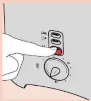 Diagram showing hand pressing a control panel with labeled buttons and a circular dial indicator