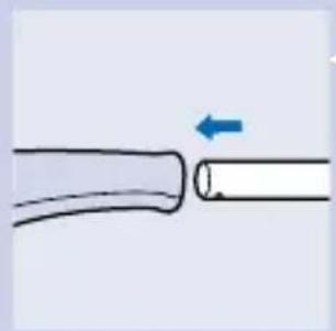 Simple line drawing of a pipe joint with a blue arrow indicating direction. No text or symbols.