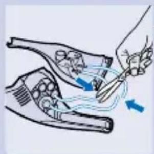 Illustration of a hand using a tool to interact with a device, showing blue arrows indicating motion.
