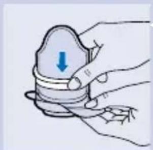 Illustration of a hand pressing down on a mechanical component with a blue arrow indicating downward motion.