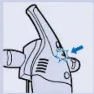 Illustration of a hand gripping a tool with a blue arrow indicating the angle (no text or symbols present)