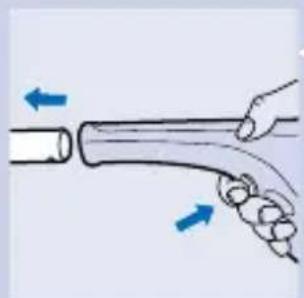 Diagram showing a hand holding a curved pipe with blue directional arrows indicating flow or movement.