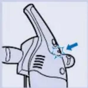 Illustration of a hand gripping a tool with a blue arrow pointing to a starburst (no text or symbols)