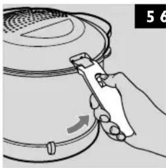 Illustration of a hand holding a tool next to a cooking pot (no text or symbols visible).