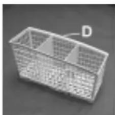 3D rendering of a wireframe basket with three compartments and a labeled point D (no text or symbols on the basket itself)