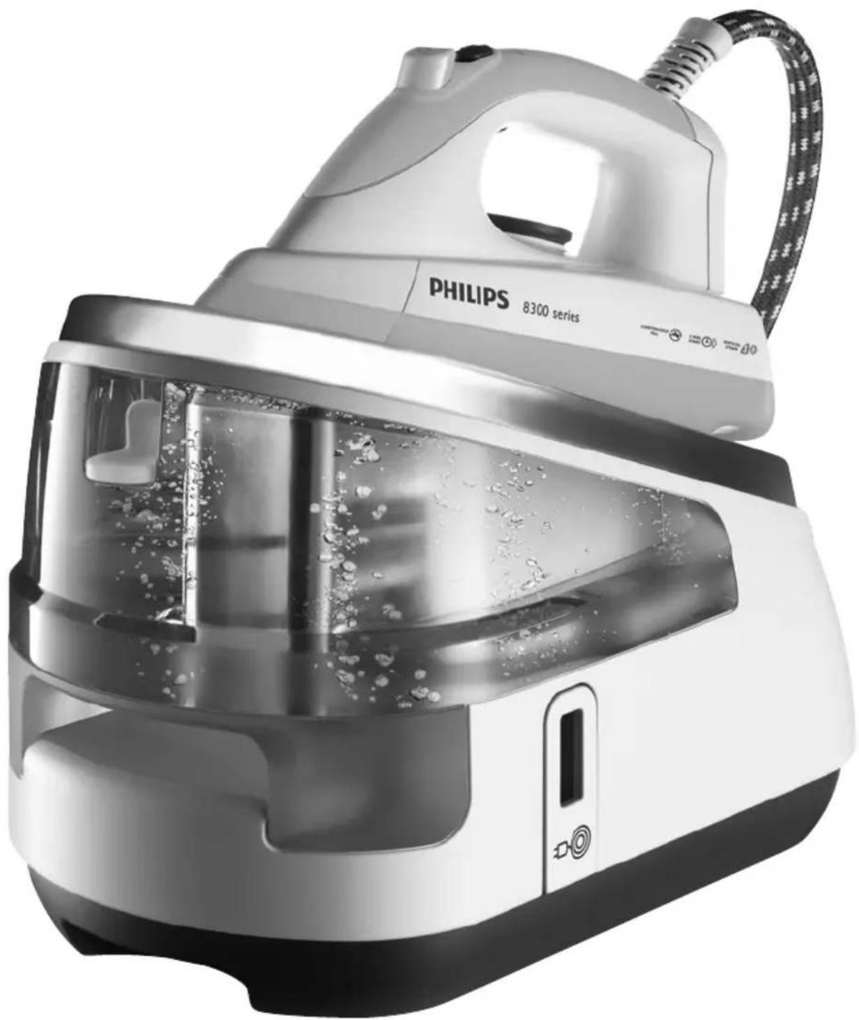 Black-and-white photo of a Philips 8300 series steam iron with bubbles and control panel (no visible text or symbols on the device itself)