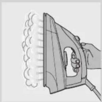 Illustration of a hand using an iron to steam or burn, with smoke rising (no text or symbols)
