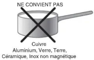 NE CONVIENT PAS Cuivre Aluminium, Verre, Terre, Céramique, Inox non magnétique