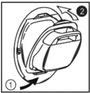Diagram of a device with labeled parts and directional arrows, showing a circular component with numbered annotations.