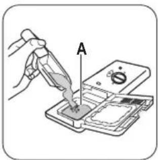 Diagram showing a hand using a tool to apply material to a device, labeled with point A and directional arrow.