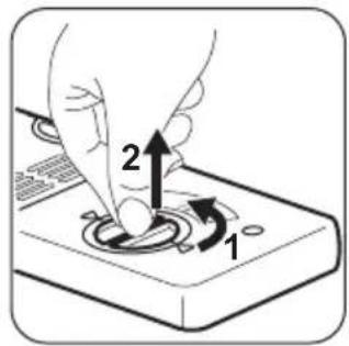 Diagram showing a hand pressing a button with labeled parts 1 and 2, indicating a step in a device operation.