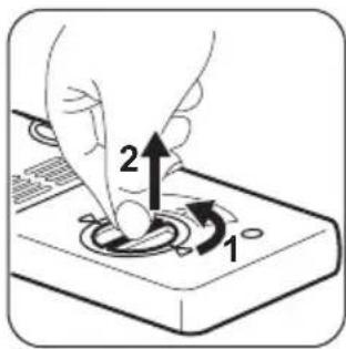 Diagram showing a hand pressing a button on a device with labeled parts 1 and 2, indicating a step in the process.