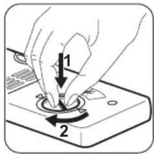 Diagram showing a hand pressing a button on a device with labeled parts 1 and 2