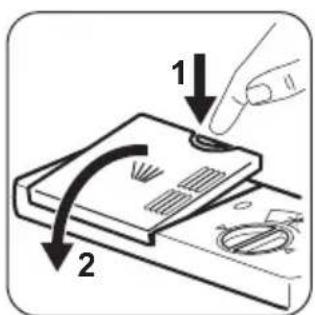Diagram showing a hand pressing down on a device with labeled parts and directional arrows indicating motion or movement.