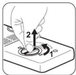 Diagram showing a hand pressing a button on a device with labeled parts 1 and 2, indicating a step in the process.