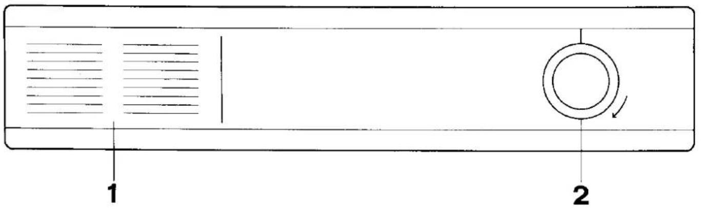 Schéma d'un panneau de télécommande avec les parties 1 et 2 étiquetées, montrant des fentes de ventilation et un bouton circulaire.