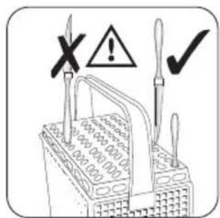 Safety warning symbols for electrical test equipment, including X, Y, and checkmark signs