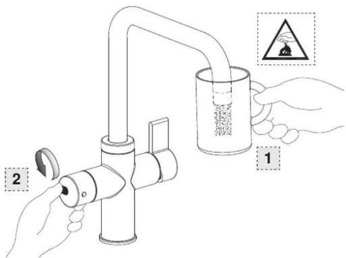 Diagram illustrating a water tap system with labeled components and warning symbols