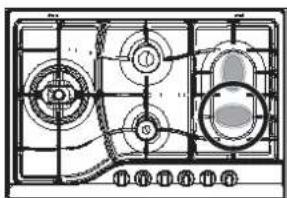 Technical line drawing of a gas stove interior with control panel and vented seating (no text or symbols)
