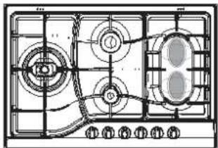 Line drawing of a gas stove interior with numbered windows and control knobs (no text or symbols)
