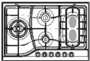 Technical line drawing of a gas stove interior with control panel and vented seating (no text or symbols)
