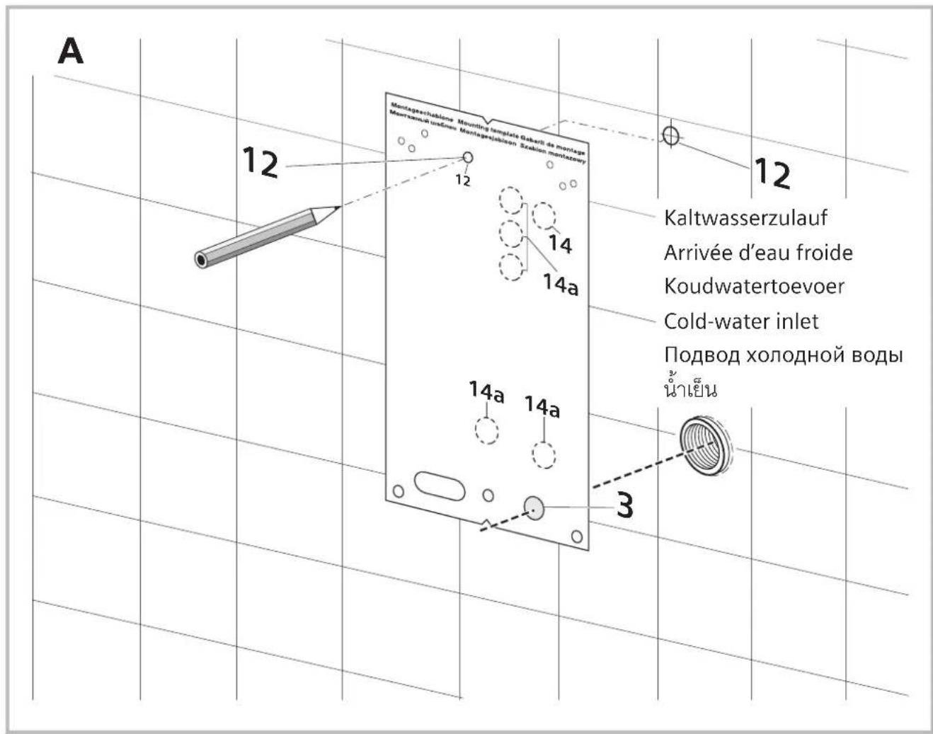 A Montaprechtabine Mounting template Gaberti de montage Mertamud unčen Montaprechtabine Szakon montazony 12 12 14 14a Kaltwasserzulauf Arrivée d'eau froide Koudwatertoevoer Cold-water inlet Подвод холодной воды naešen 3