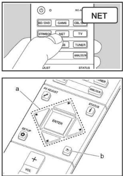 RD-B BD/DVD GAME CBL/SW STRMB/C-NET TV TUNER ANALOGIN JUST STATUS NET a AV ADJUST ENTER STATUS SETUP VOL b